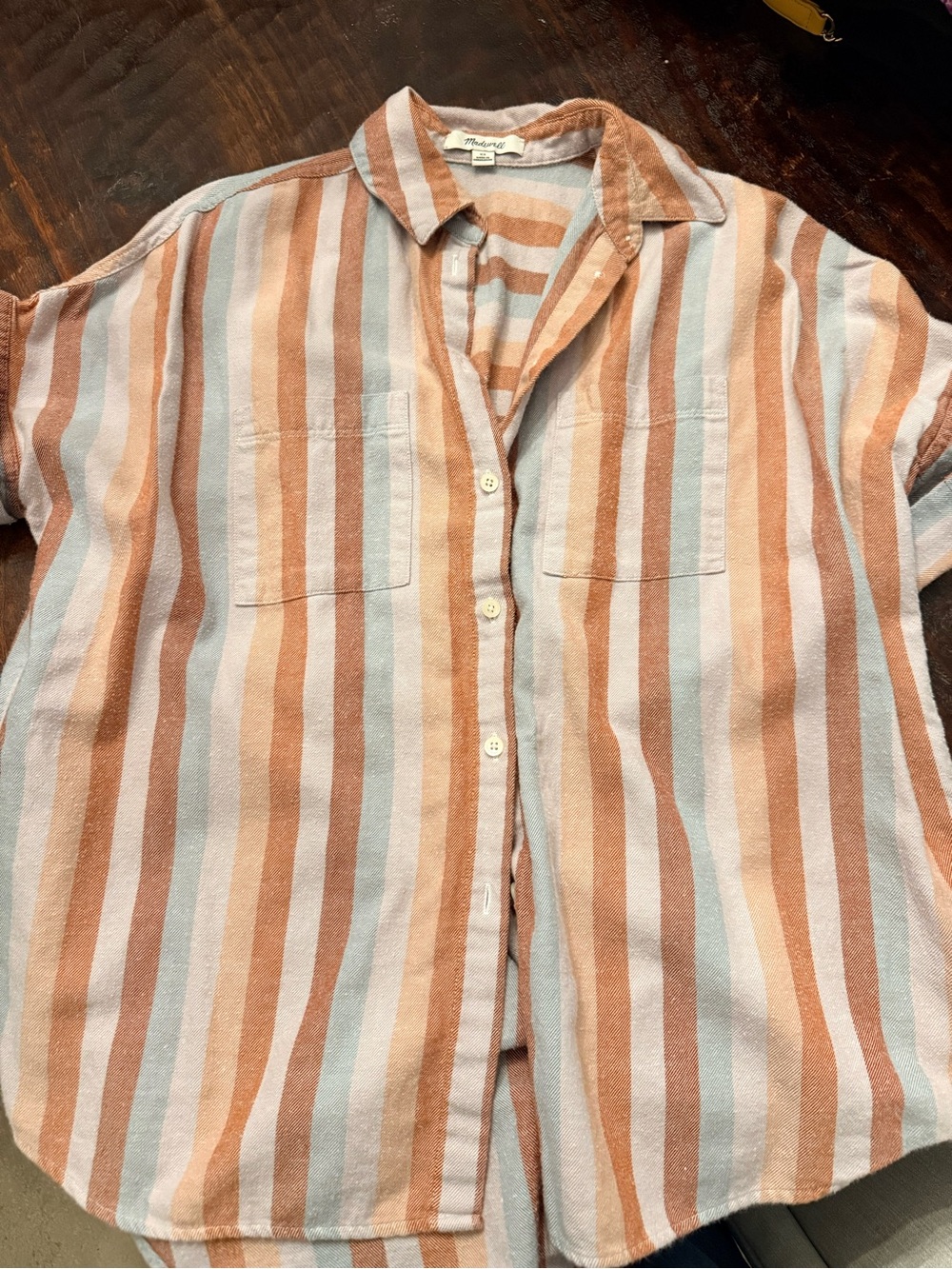 Madewell women's Short-Sleeve Button-Down Shirt in Rust, Light Blue & Cream
